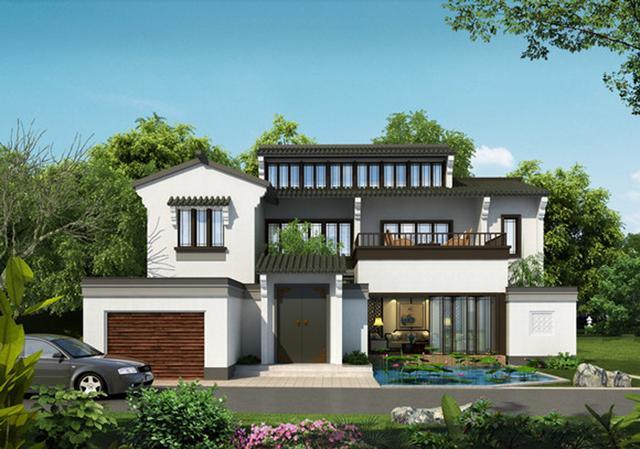 鄉(xiāng)村自建帶車庫中式風格小樓設計圖，大家風范！