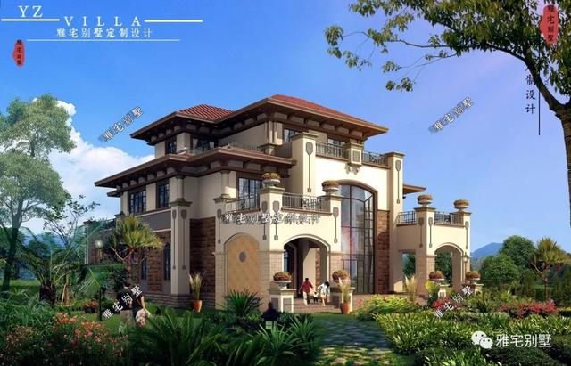 廣東三層歐式別墅設計圖，18x20米，挑空客廳，大露臺