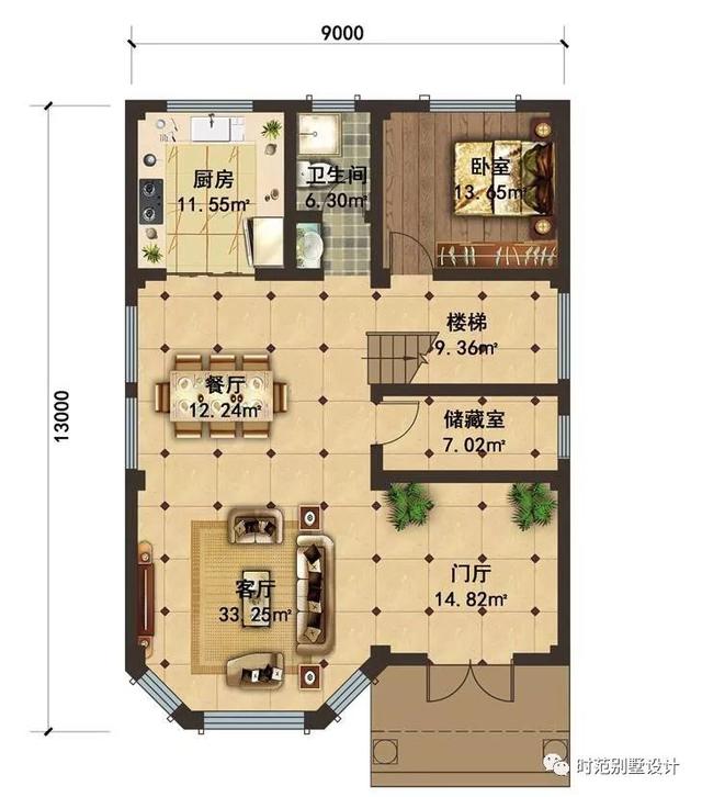 復(fù)式三層小別墅設(shè)計(jì)圖，9米小面寬帶陽(yáng)光房，7室4廳，適合農(nóng)村自建