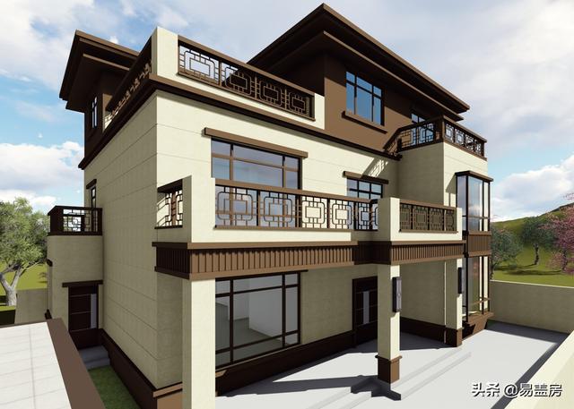 河南農(nóng)村大氣新中式別墅設(shè)計圖，3露臺7臥室庭院實用，60萬建成村內(nèi)最美