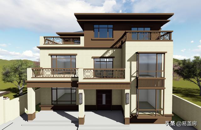 河南農(nóng)村大氣新中式別墅設(shè)計圖，3露臺7臥室庭院實用，60萬建成村內(nèi)最美