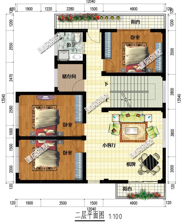 12x13.5三層簡單別墅設(shè)計圖，占地98平，二層空間超過140平