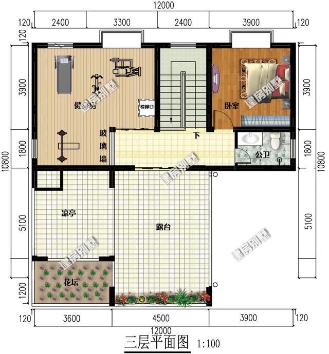 12x10.8新中式三層別墅設計圖，占地115平，頂層帶花壇，一層帶內(nèi)院車庫，