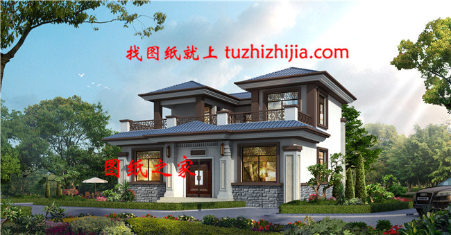 20萬左右新中式二層別墅設(shè)計(jì)圖，對(duì)稱設(shè)計(jì)，頂層大露臺(tái)