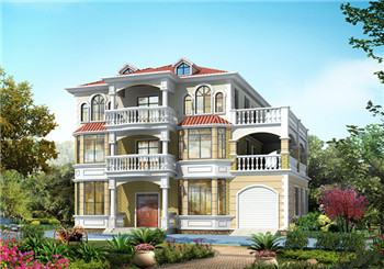 豪華大氣農(nóng)村三層別墅圖紙，帶車庫、露臺，占地200平方米左右