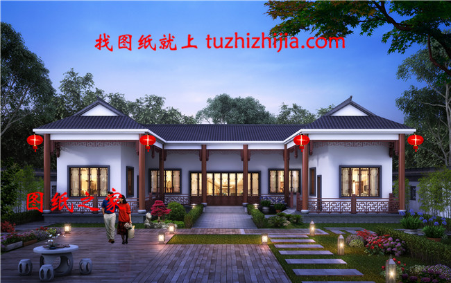 2019中式農(nóng)村一層三合院效果圖及施工圖，帶堂屋，比別墅舒服