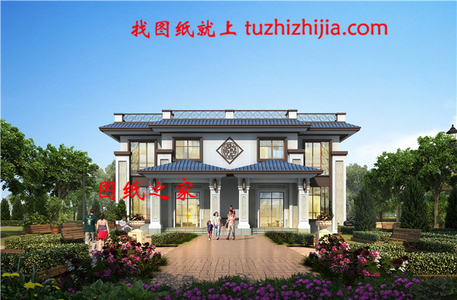 45萬新中式二層雙拼自建房別墅設(shè)計圖，一座矗立在山頂?shù)纳裨? width=