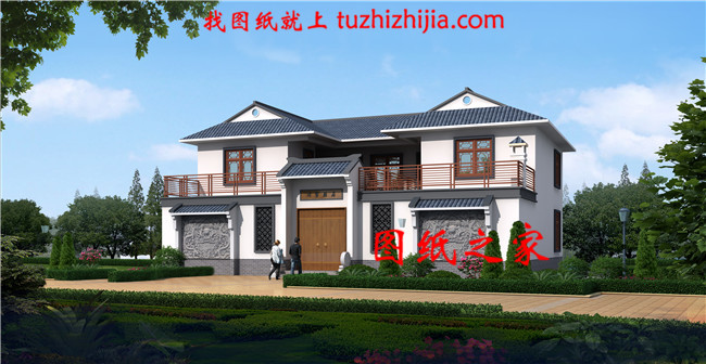 兩層新中式別墅，對稱設(shè)計(jì)，頂層大露臺(tái)