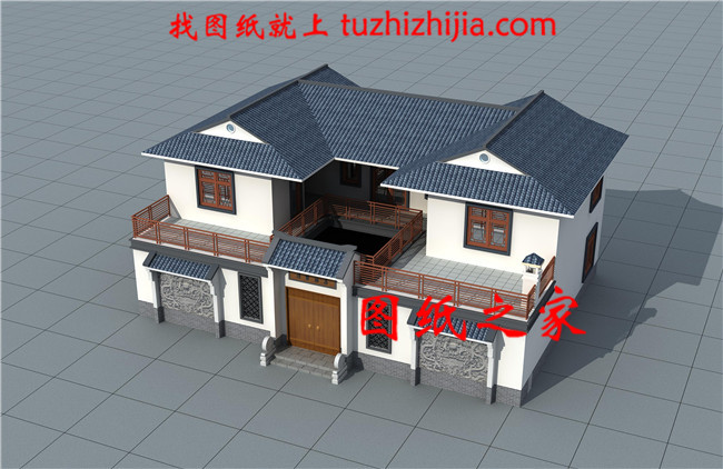 兩層新中式別墅，對稱設(shè)計(jì)，頂層大露臺(tái)