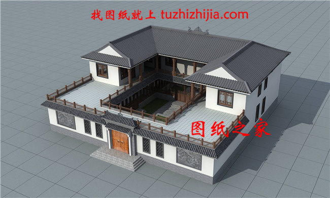 23X23米帶庭院中式二層四合院別墅設(shè)計(jì)效果圖片