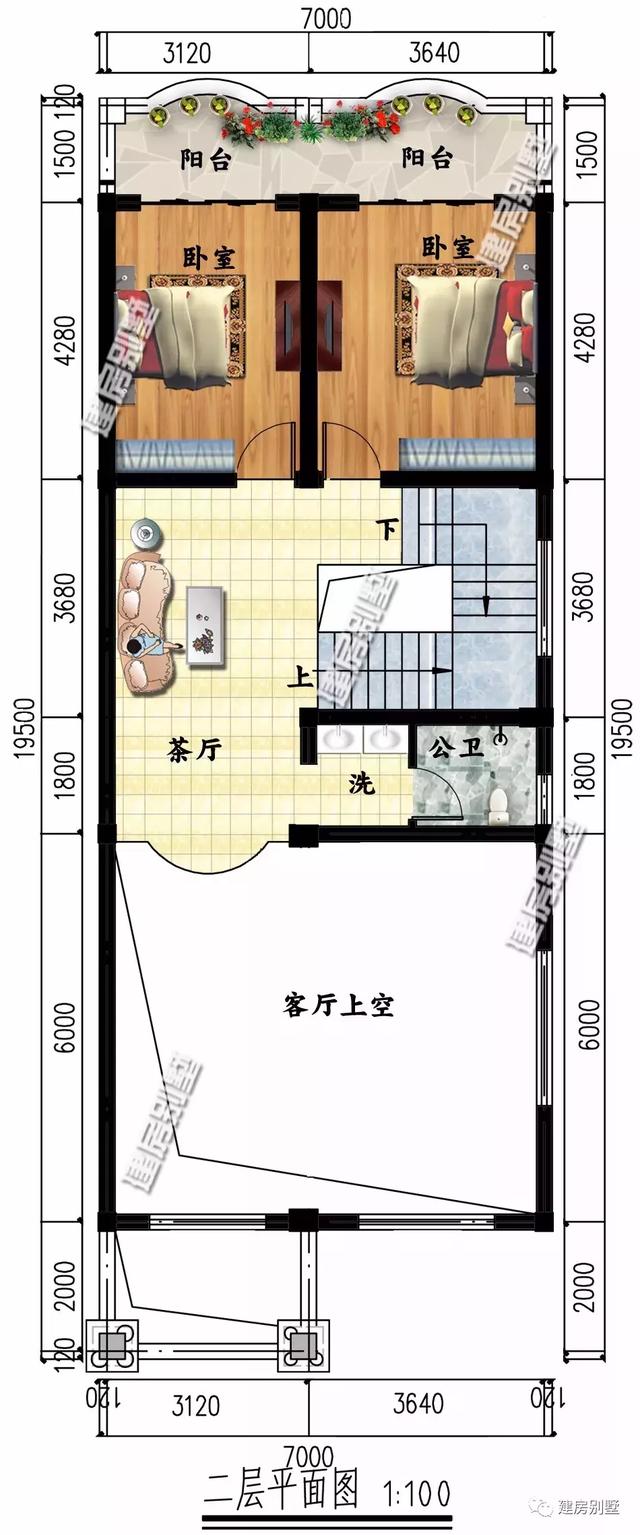 三層農村別墅設計圖，7×18米，小開間的平屋頂戶型，附裝修效果圖