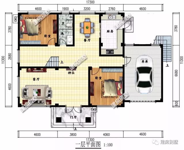 開間17.3×11.3米農(nóng)村別墅設(shè)計(jì)圖，室外設(shè)有大露臺和較小的觀景式?jīng)鐾ぃ瑳鐾ぬ幰部蓾M足下雨天的晾曬需要。