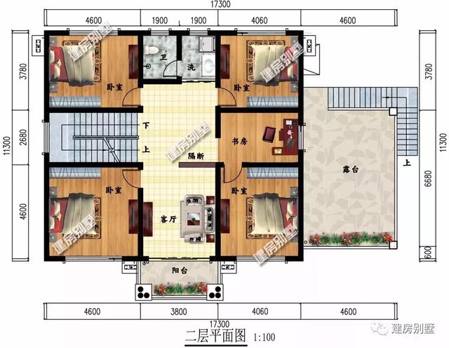 開間17.3×11.3米農(nóng)村別墅設(shè)計(jì)圖，室外設(shè)有大露臺和較小的觀景式?jīng)鐾?，涼亭處也可滿足下雨天的晾曬需要。