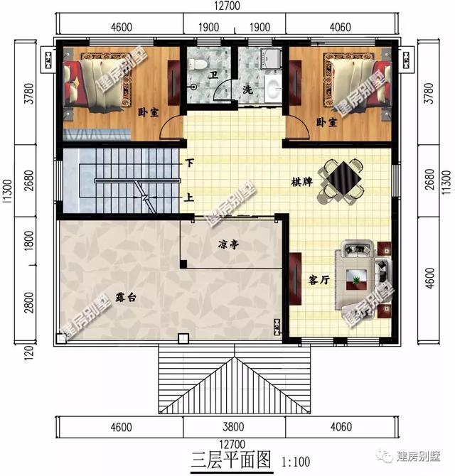 開間17.3×11.3米農(nóng)村別墅設(shè)計(jì)圖，室外設(shè)有大露臺和較小的觀景式?jīng)鐾?，涼亭處也可滿足下雨天的晾曬需要。