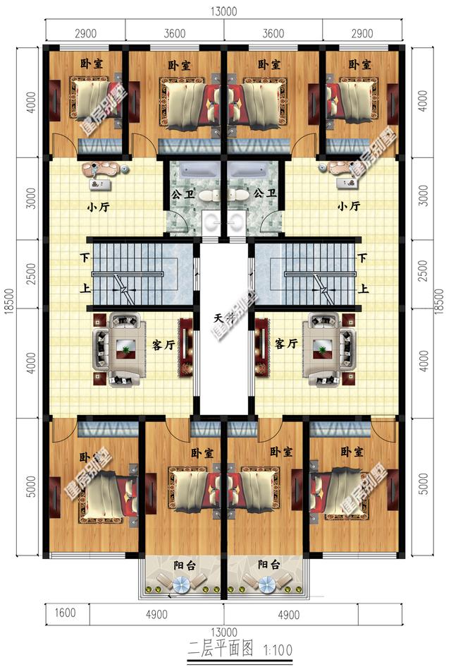 三層兄弟雙拼別墅設(shè)計(jì)圖，13×18.5，帶天井設(shè)計(jì)