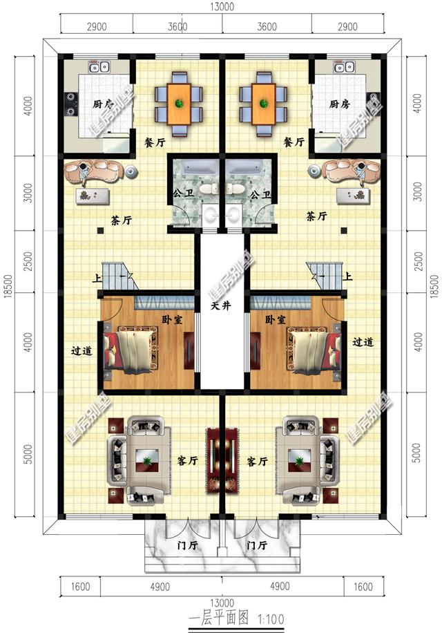三層兄弟雙拼別墅設(shè)計(jì)圖，13×18.5，帶天井設(shè)計(jì)