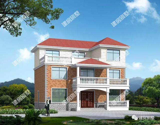 兩棟簡約風(fēng)格自建房設(shè)計圖，第二棟屋頂帶觀景涼亭