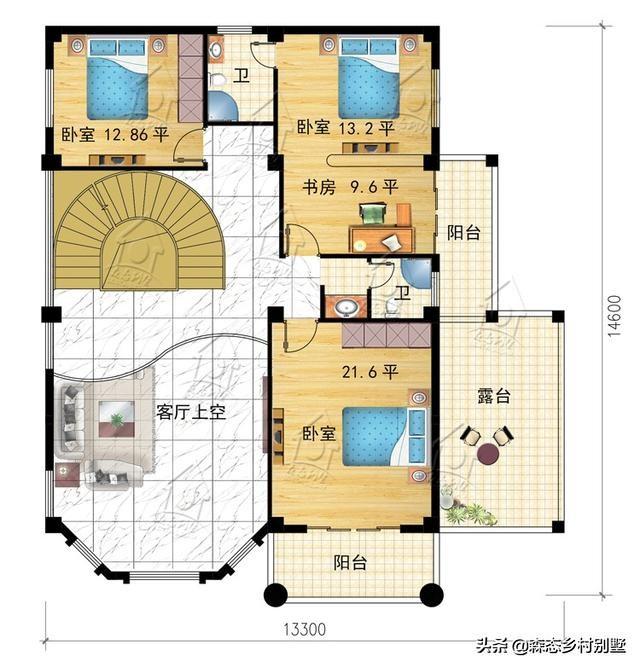 清新簡(jiǎn)約三層新農(nóng)村別墅設(shè)計(jì)圖，13.3X14.6米，帶車庫(kù)設(shè)計(jì)框架造價(jià)35萬(wàn)