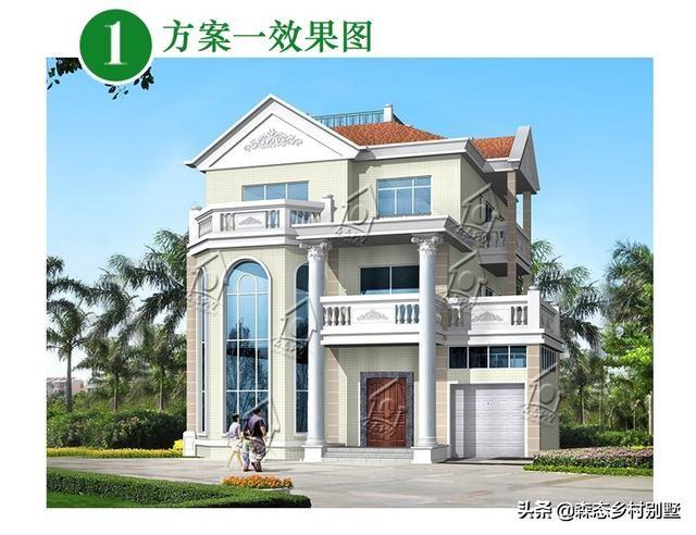 清新簡(jiǎn)約三層新農(nóng)村別墅設(shè)計(jì)圖，13.3X14.6米，帶車庫(kù)設(shè)計(jì)框架造價(jià)35萬(wàn)