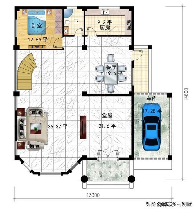 清新簡(jiǎn)約三層新農(nóng)村別墅設(shè)計(jì)圖，13.3X14.6米，帶車庫(kù)設(shè)計(jì)框架造價(jià)35萬(wàn)