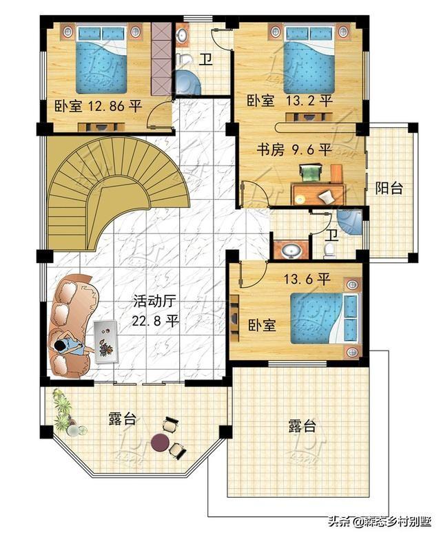 清新簡(jiǎn)約三層新農(nóng)村別墅設(shè)計(jì)圖，13.3X14.6米，帶車庫(kù)設(shè)計(jì)框架造價(jià)35萬(wàn)