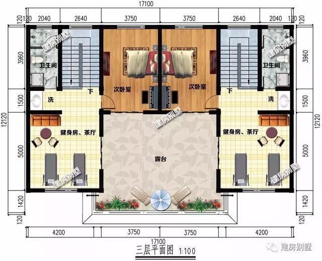 四開間設(shè)計(jì)的三層雙拼別墅設(shè)計(jì)圖，兩戶家庭都有各自的獨(dú)立生活區(qū)域，又能保持一定的聯(lián)系性