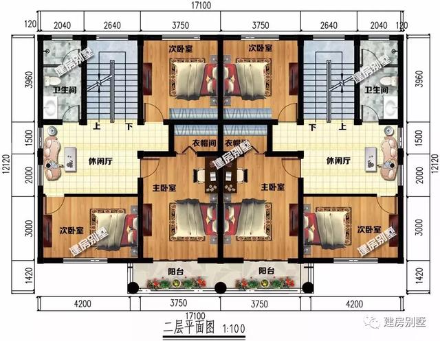 四開間設(shè)計(jì)的三層雙拼別墅設(shè)計(jì)圖，兩戶家庭都有各自的獨(dú)立生活區(qū)域，又能保持一定的聯(lián)系性