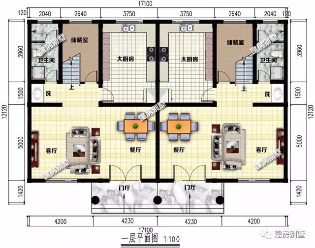 四開間設(shè)計(jì)的三層雙拼別墅設(shè)計(jì)圖，兩戶家庭都有各自的獨(dú)立生活區(qū)域，又能保持一定的聯(lián)系性