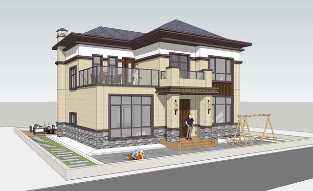 簡單實(shí)用造價(jià)不高的農(nóng)村二層別墅設(shè)計(jì)圖，坐北朝南的庭院，南北通過主體建筑劃分為前后庭院。