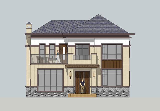 簡單實(shí)用造價(jià)不高的農(nóng)村二層別墅設(shè)計(jì)圖，坐北朝南的庭院，南北通過主體建筑劃分為前后庭院。