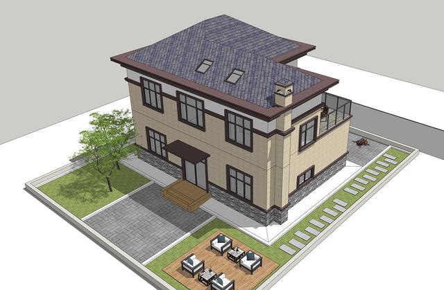 簡單實(shí)用造價(jià)不高的農(nóng)村二層別墅設(shè)計(jì)圖，坐北朝南的庭院，南北通過主體建筑劃分為前后庭院。