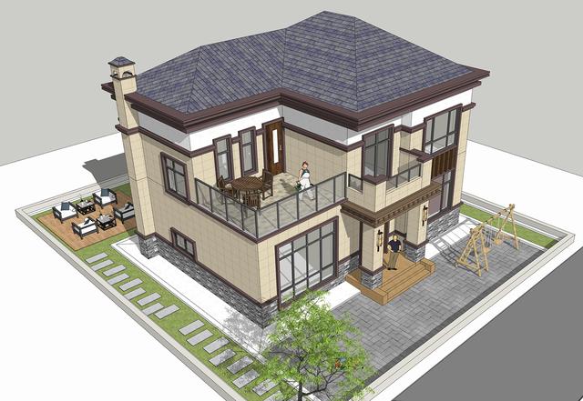 簡單實(shí)用造價(jià)不高的農(nóng)村二層別墅設(shè)計(jì)圖，坐北朝南的庭院，南北通過主體建筑劃分為前后庭院。