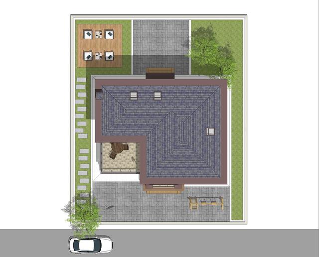 簡單實(shí)用造價(jià)不高的農(nóng)村二層別墅設(shè)計(jì)圖，坐北朝南的庭院，南北通過主體建筑劃分為前后庭院。