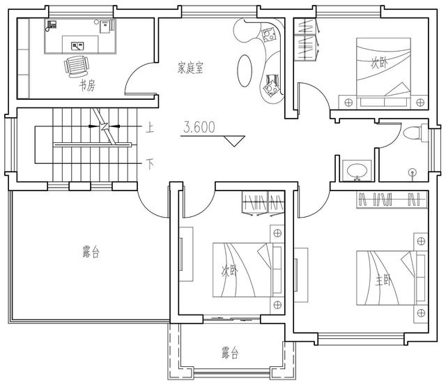 簡單實(shí)用造價(jià)不高的農(nóng)村二層別墅設(shè)計(jì)圖，坐北朝南的庭院，南北通過主體建筑劃分為前后庭院。