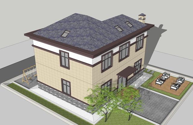 簡單實(shí)用造價(jià)不高的農(nóng)村二層別墅設(shè)計(jì)圖，坐北朝南的庭院，南北通過主體建筑劃分為前后庭院。