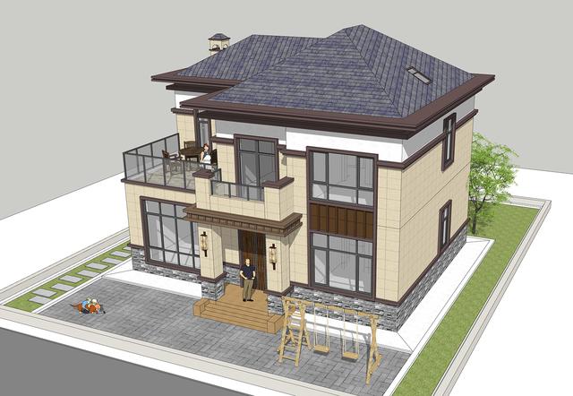 簡單實(shí)用造價(jià)不高的農(nóng)村二層別墅設(shè)計(jì)圖，坐北朝南的庭院，南北通過主體建筑劃分為前后庭院。