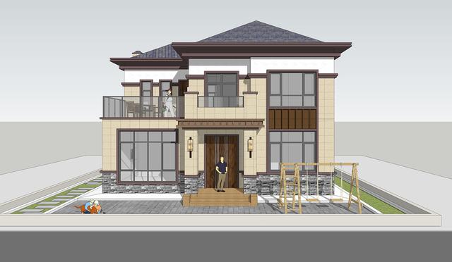 簡單實(shí)用造價(jià)不高的農(nóng)村二層別墅設(shè)計(jì)圖，坐北朝南的庭院，南北通過主體建筑劃分為前后庭院。