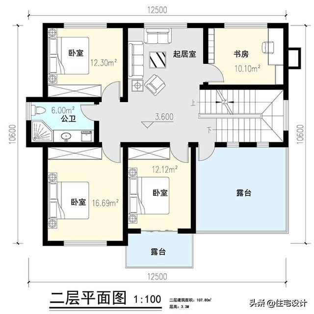 二層中式別墅帶露臺(tái)農(nóng)村自建房設(shè)計(jì)圖，占地面積126平米，造價(jià)30萬(wàn)左右。