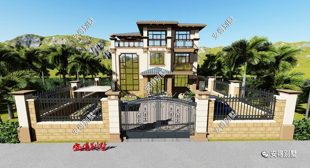 帶小院的3層歐式別墅設計圖，挑空大客廳大露臺，設計后的別墅總能起到事半功倍的效果。