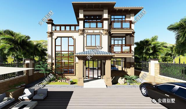 帶小院的3層歐式別墅設計圖，挑空大客廳大露臺，設計后的別墅總能起到事半功倍的效果。