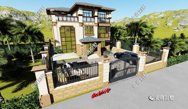 帶小院的3層歐式別墅設計圖，挑空大客廳大露臺，設計后的別墅總能起到事半功倍的效果。