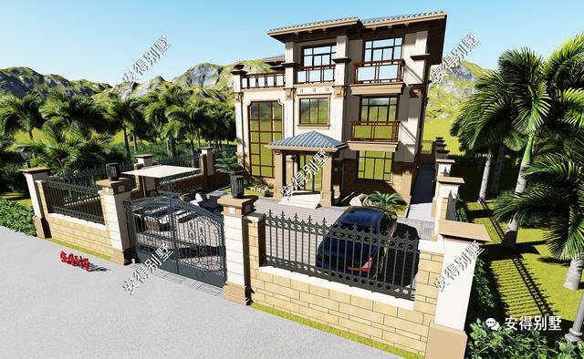 帶小院的3層歐式別墅設計圖，挑空大客廳大露臺，設計后的別墅總能起到事半功倍的效果。