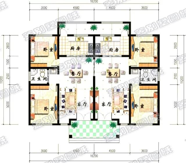 一層雙拼別墅戶型，左右對(duì)稱，布局上充分利用空間，特別適合農(nóng)村兩兄弟建造