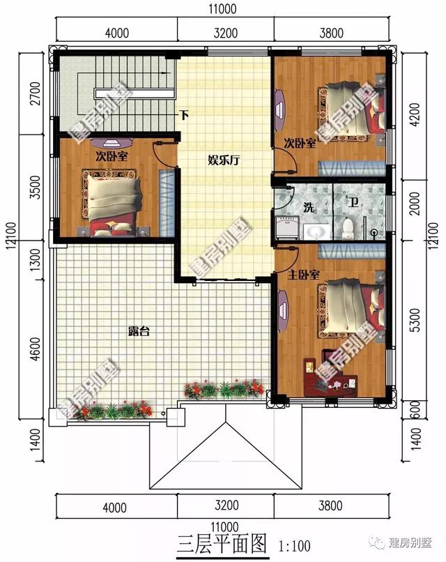 兩棟寬11米多的三層自建房設(shè)計(jì)圖，第一棟配多邊形窗，造型似城堡，總幻想著自己會變成公主，住進(jìn)城堡，遇到心愛的王子。