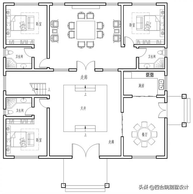100萬建三層新中式挑空自建房設計圖，大戶人家的別墅，視野開闊，采光通風沒得說。