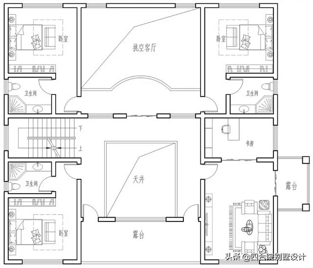 100萬建三層新中式挑空自建房設計圖，大戶人家的別墅，視野開闊，采光通風沒得說。