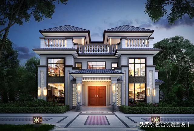 100萬建三層新中式挑空自建房設計圖，大戶人家的別墅，視野開闊，采光通風沒得說。