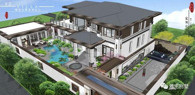 河北兩層新中式合院別墅設(shè)計(jì)圖，24x35米，前庭后院，小橋流水