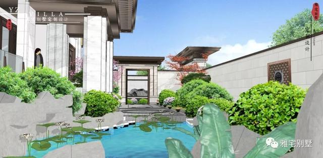 河北兩層新中式合院別墅設(shè)計(jì)圖，24x35米，前庭后院，小橋流水