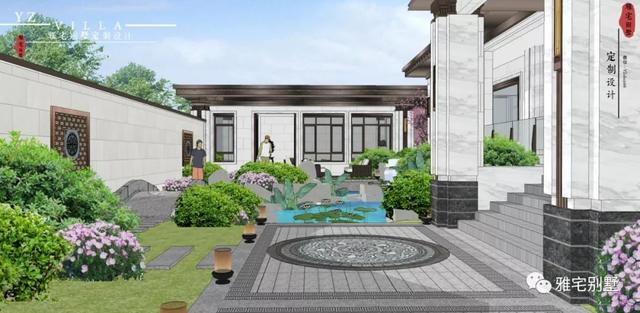 河北兩層新中式合院別墅設(shè)計(jì)圖，24x35米，前庭后院，小橋流水